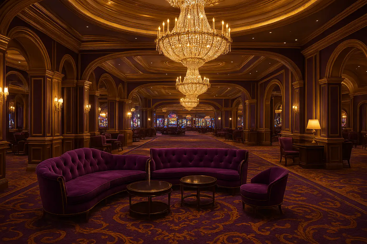 Elegant purple and gold casino interior representing the PawBets brand