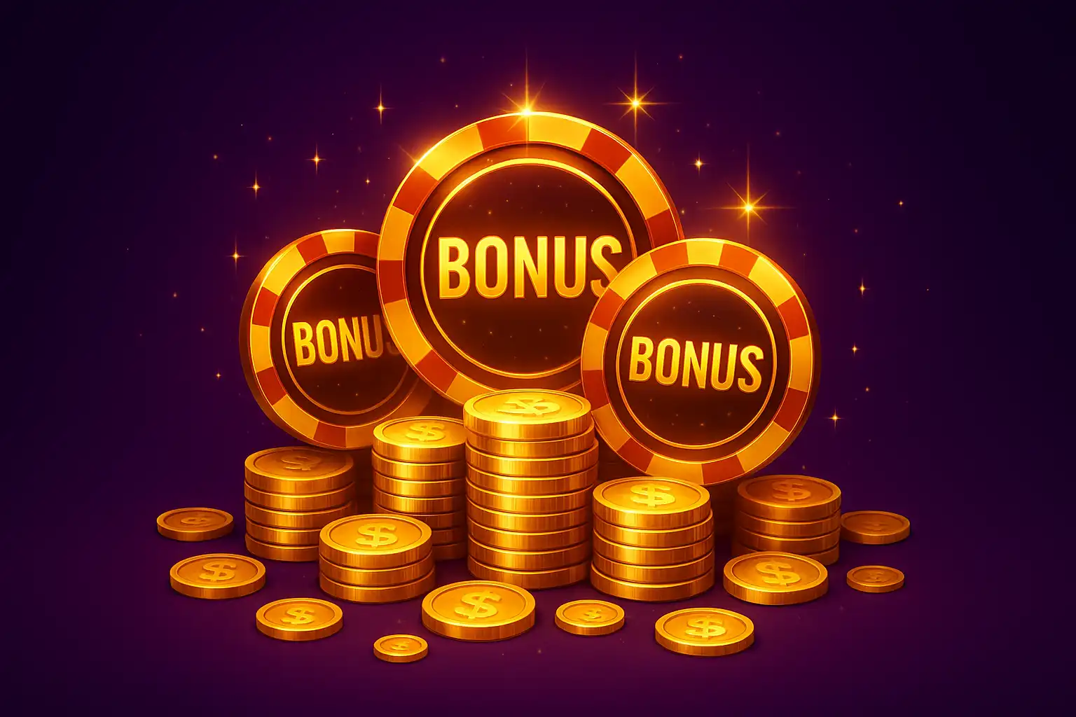 Gold coins and bonus chips stacked against a purple casino background