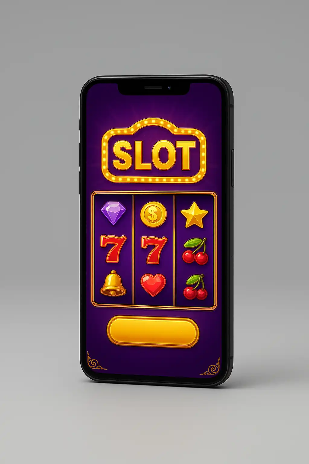 Smartphone screen showing a casino slot game interface in purple and gold